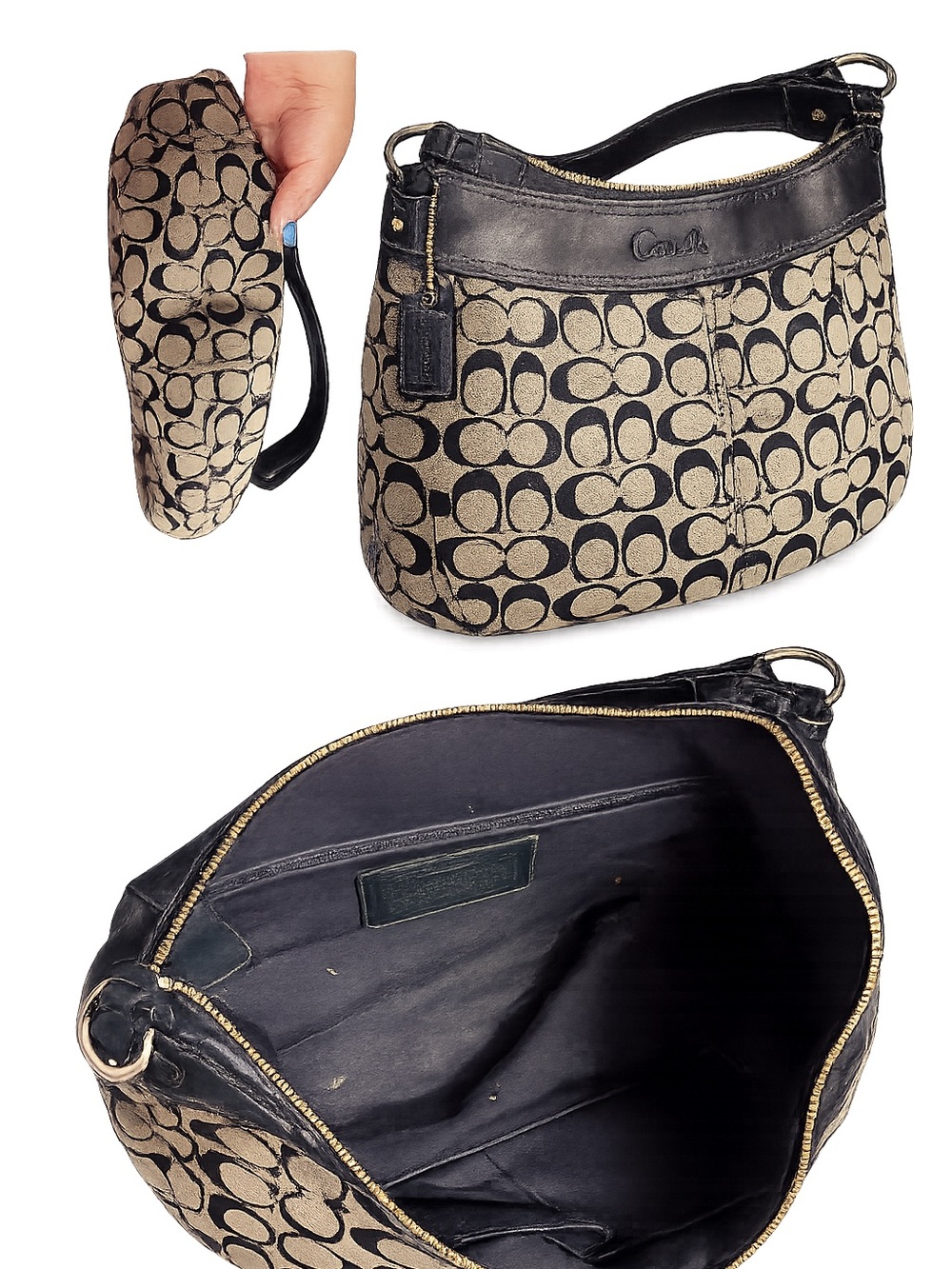Coach Signature Canvas Hobo Bag in Tan/Navy